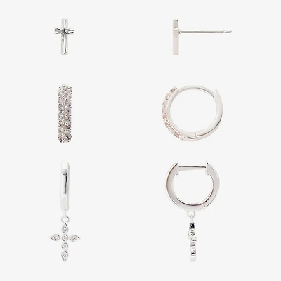 Sparkle Allure Womens Genuine Cubic Zirconia Cross 3 Pair Earring Set