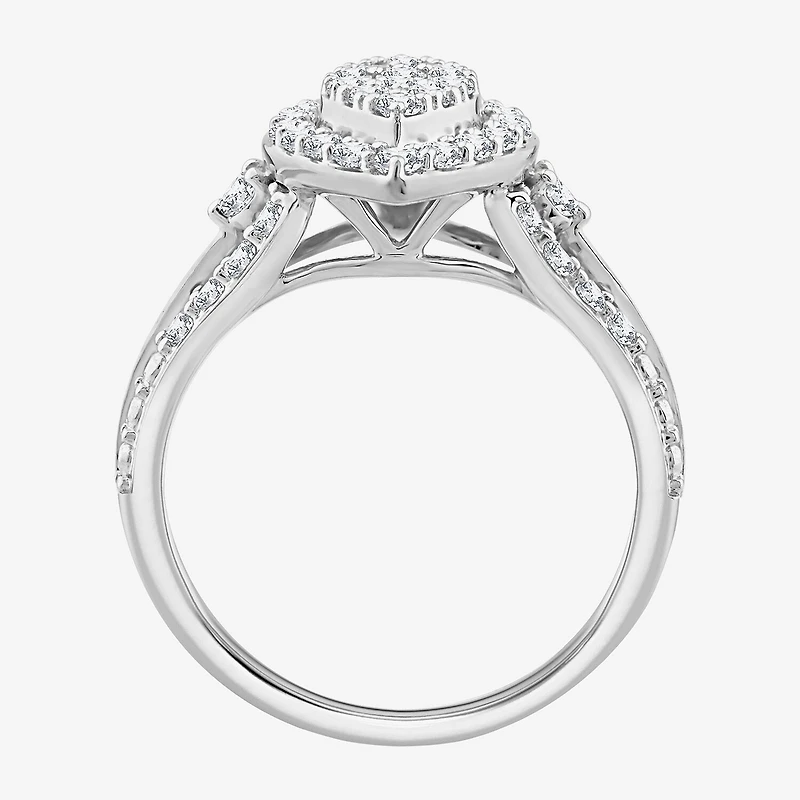 (F / Si2) Womens 1 CT. T.W. Lab Grown White Diamond Sterling Silver Marquise Side Stone Halo Engagement Ring
