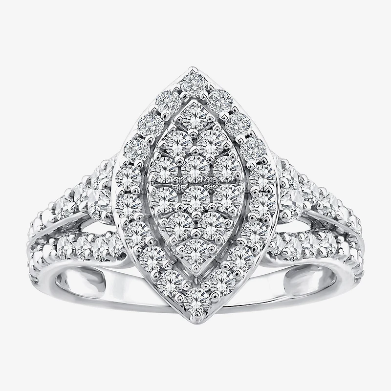 (F / Si2) Womens 1 CT. T.W. Lab Grown White Diamond Sterling Silver Marquise Side Stone Halo Engagement Ring