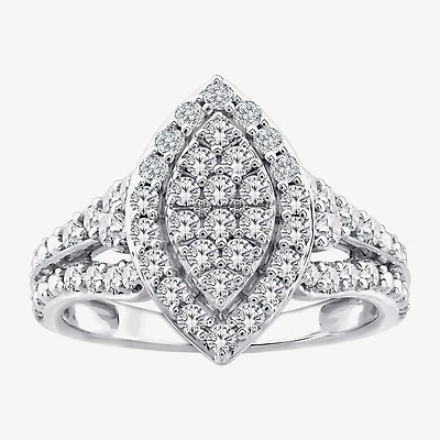 (F / Si2) Womens 1 CT. T.W. Lab Grown White Diamond Sterling Silver Marquise Side Stone Halo Engagement Ring