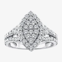 (F / Si2) Womens 1 CT. T.W. Lab Grown White Diamond Sterling Silver Marquise Side Stone Halo Engagement Ring
