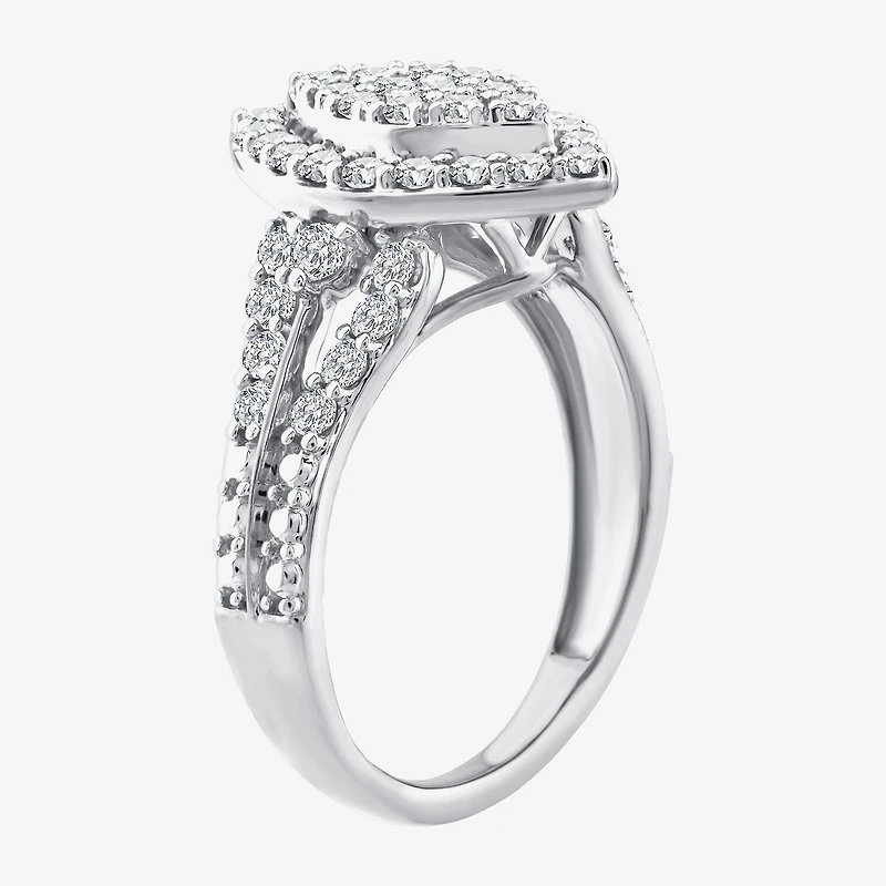 (F / Si2) Womens 1 CT. T.W. Lab Grown White Diamond Sterling Silver Marquise Side Stone Halo Engagement Ring