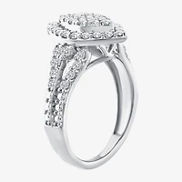 (F / Si2) Womens 1 CT. T.W. Lab Grown White Diamond Sterling Silver Marquise Side Stone Halo Engagement Ring