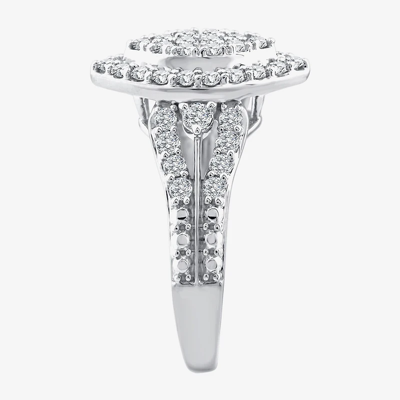 (F / Si2) Womens 1 CT. T.W. Lab Grown White Diamond Sterling Silver Marquise Side Stone Halo Engagement Ring