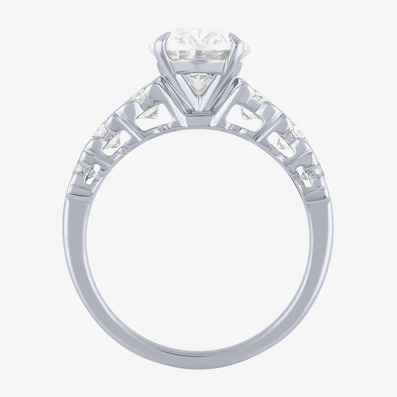 (F / Vs2) Womens 3 CT. T.W. Lab Grown White Diamond 10K Gold Oval Side Stone Engagement Ring