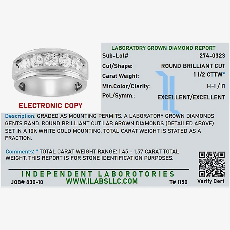 (H-I / I1) Mens 1 1/2 CT. T.W. Lab Grown White Diamond 10K Gold Wedding Band