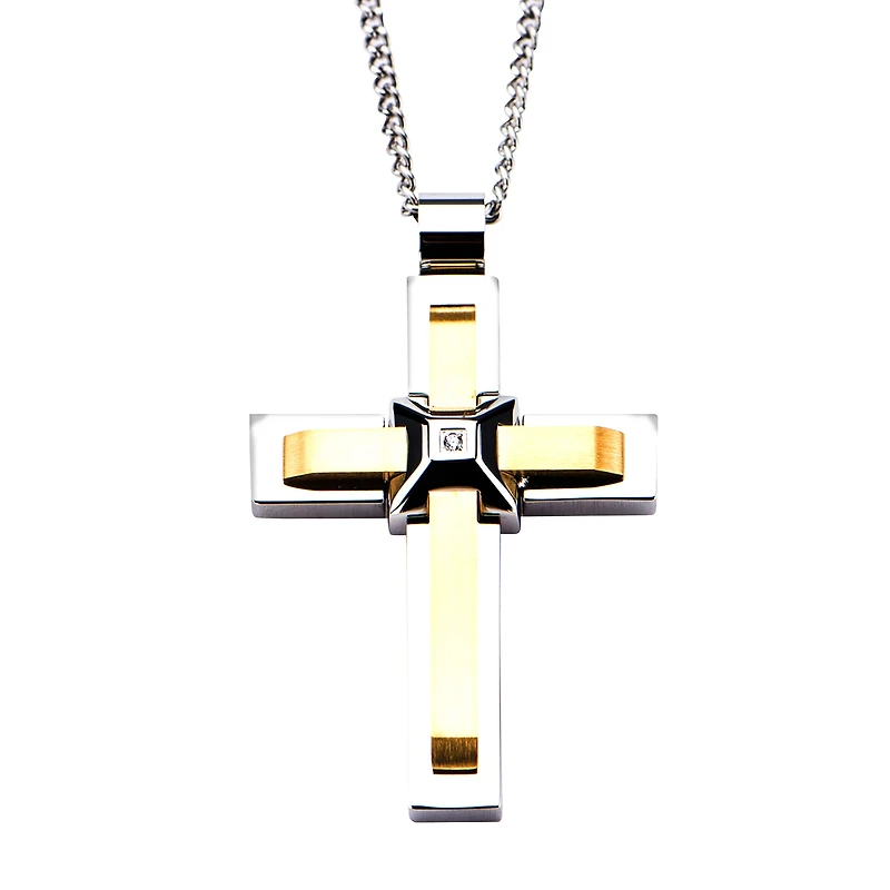 Mens Lab Created Cubic Zirconia Stainless Steel Cross 24 Inch Pendant Necklace