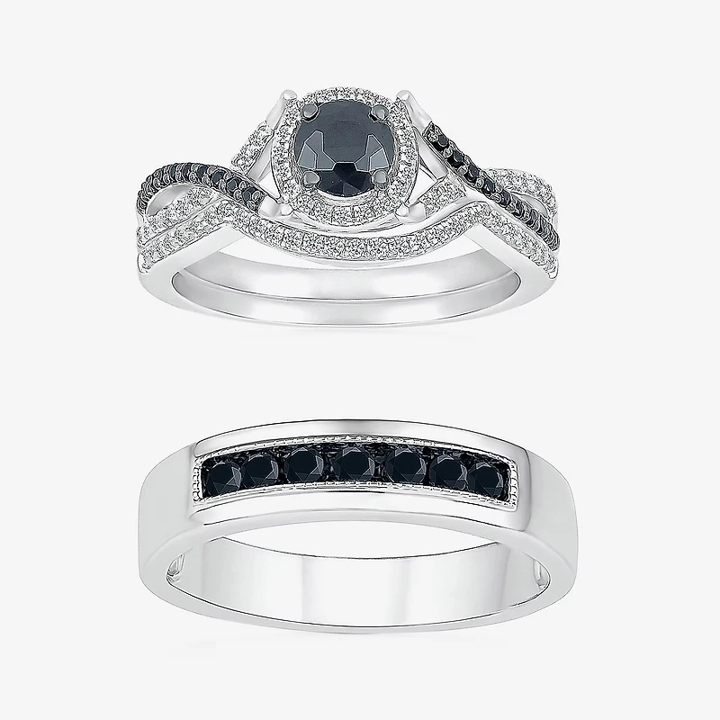 8.50mm Unisex Adult 1 CT. T.W. Natural Black Diamond 10K Gold Round Halo Side Stone Ring Set