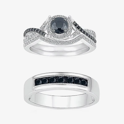 8.50mm Unisex Adult 1 CT. T.W. Natural Black Diamond 10K Gold Round Halo Side Stone Ring Set