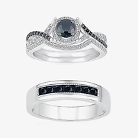 8.50mm Unisex Adult 1 CT. T.W. Natural Black Diamond 10K Gold Round Halo Side Stone Ring Set