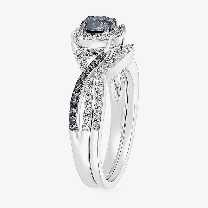 8.50mm Unisex Adult 1 CT. T.W. Natural Black Diamond 10K Gold Round Halo Side Stone Ring Set