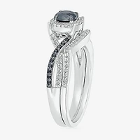 8.50mm Unisex Adult 1 CT. T.W. Natural Black Diamond 10K Gold Round Halo Side Stone Ring Set