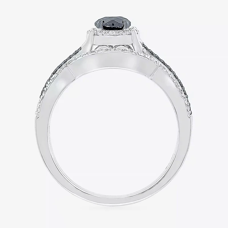 8.50mm Unisex Adult 1 CT. T.W. Natural Black Diamond 10K Gold Round Halo Side Stone Ring Set