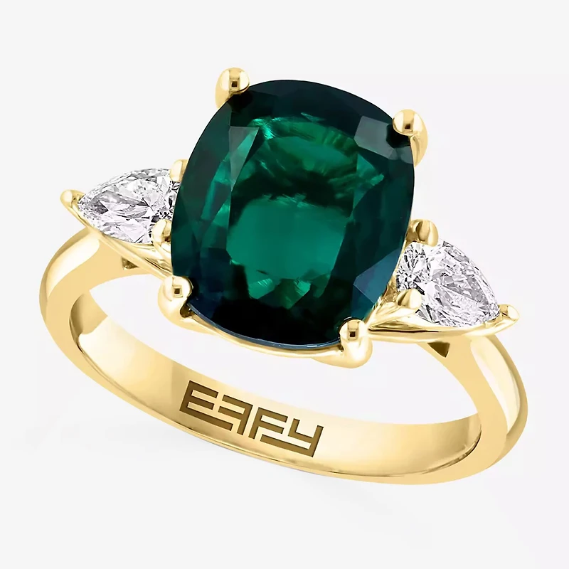 Effy Final Call Womens Lab Created Green Emerald & 1/5 CT. T.W. Lab Grown Diamond 14K Gold Pear Cushion Cocktail Ring