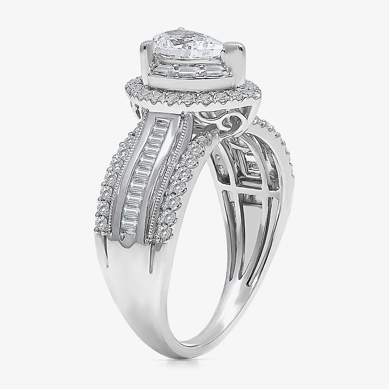 (I / I1) Womens 1 CT. T.W. Lab Grown White Diamond 10K Gold Pear Side Stone Engagement Ring