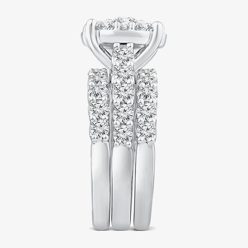 (G / Si1-Si2) Womens 4 CT. T.W. Lab Grown White Diamond 10K Gold Round Side Stone Halo Bridal Set