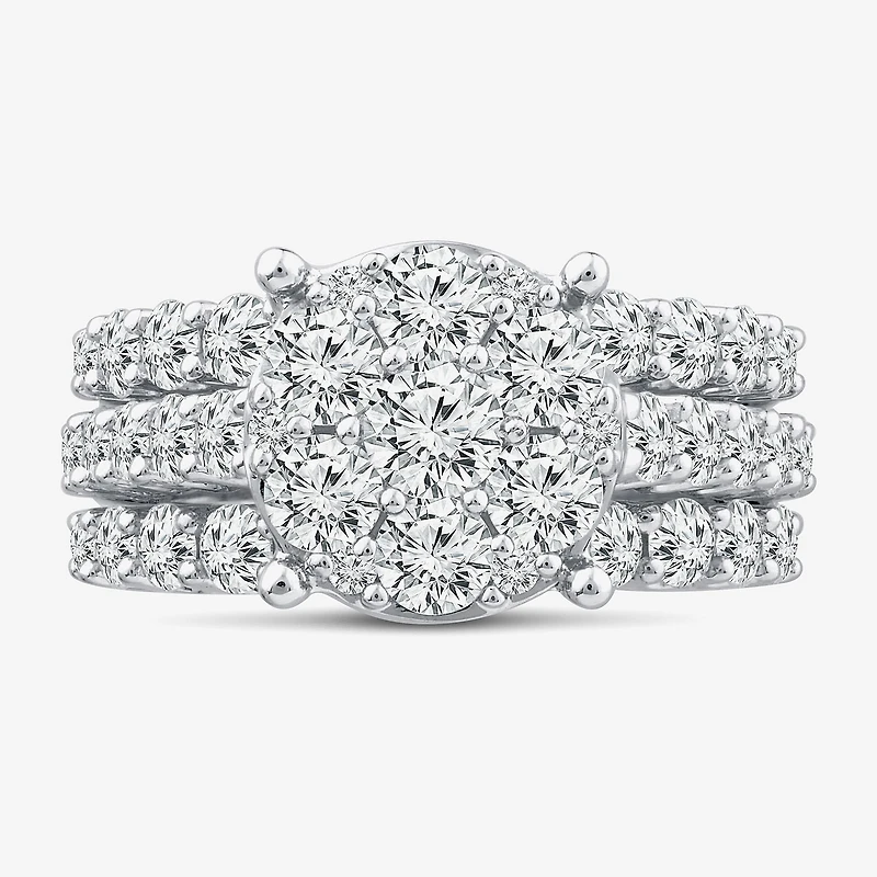 (G / Si1-Si2) Womens 4 CT. T.W. Lab Grown White Diamond 10K Gold Round Side Stone Halo Bridal Set