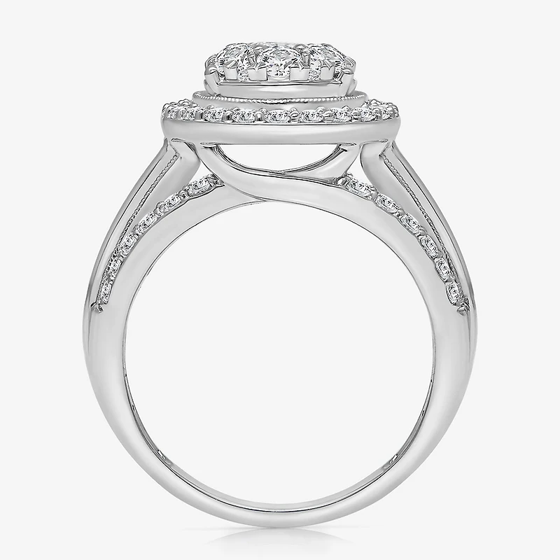 (I / I1) Womens 2 CT. T.W. Lab Grown White Diamond 10K Gold Pear Side Stone Halo Engagement Ring