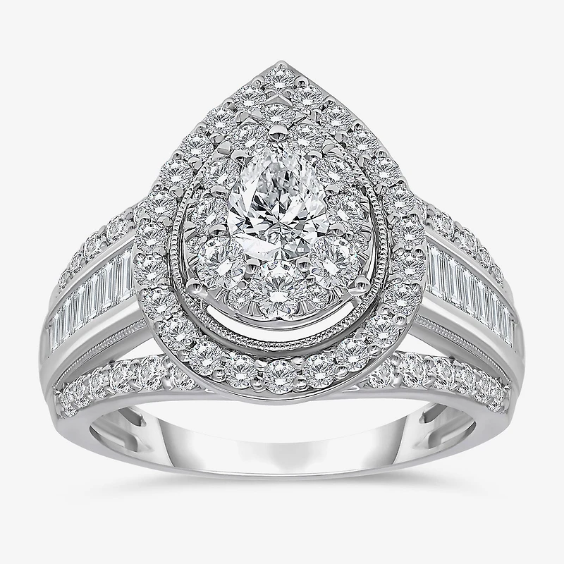 (I / I1) Womens 2 CT. T.W. Lab Grown White Diamond 10K Gold Pear Side Stone Halo Engagement Ring