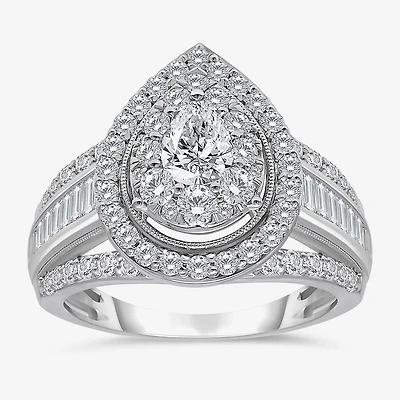 (I / I1) Womens 2 CT. T.W. Lab Grown White Diamond 10K Gold Pear Side Stone Halo Engagement Ring