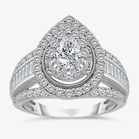 (I / I1) Womens 2 CT. T.W. Lab Grown White Diamond 10K Gold Pear Side Stone Halo Engagement Ring