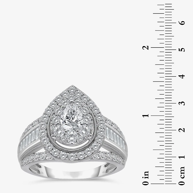 (I / I1) Womens 2 CT. T.W. Lab Grown White Diamond 10K Gold Pear Side Stone Halo Engagement Ring