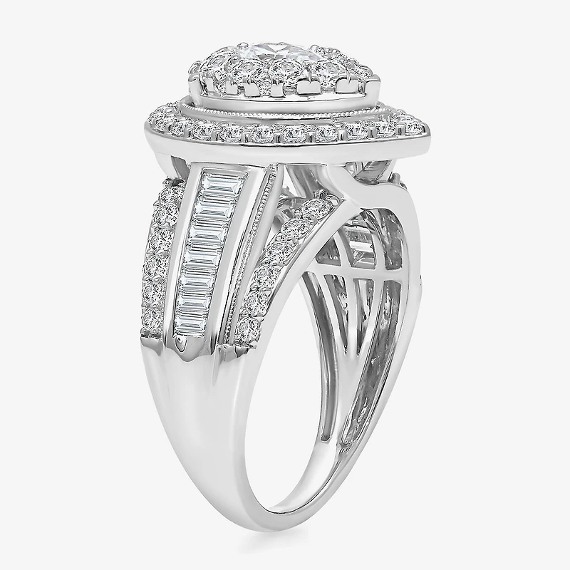 (I / I1) Womens 2 CT. T.W. Lab Grown White Diamond 10K Gold Pear Side Stone Halo Engagement Ring