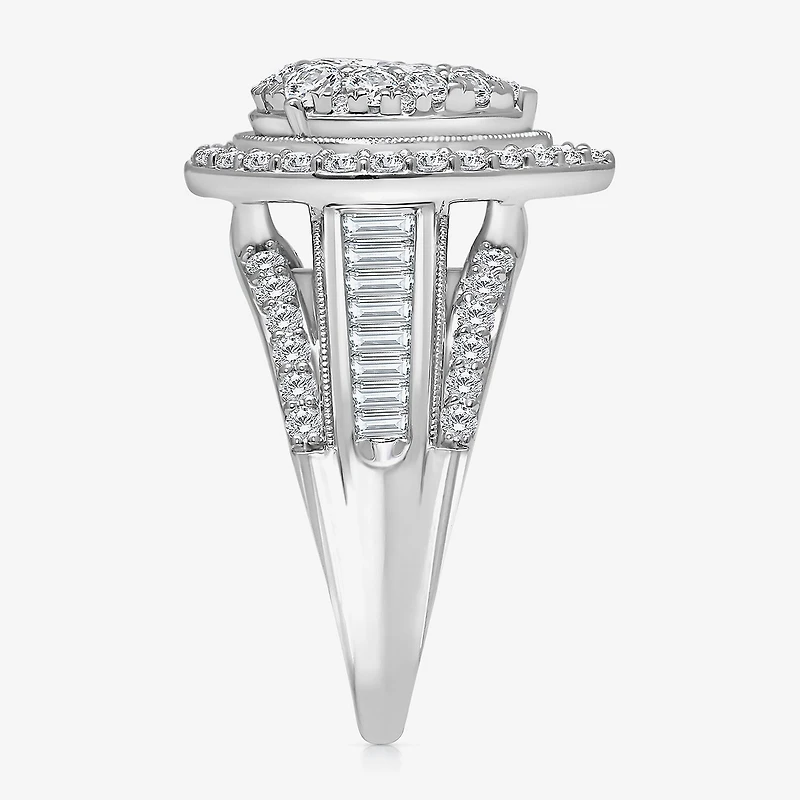 (I / I1) Womens 2 CT. T.W. Lab Grown White Diamond 10K Gold Pear Side Stone Halo Engagement Ring