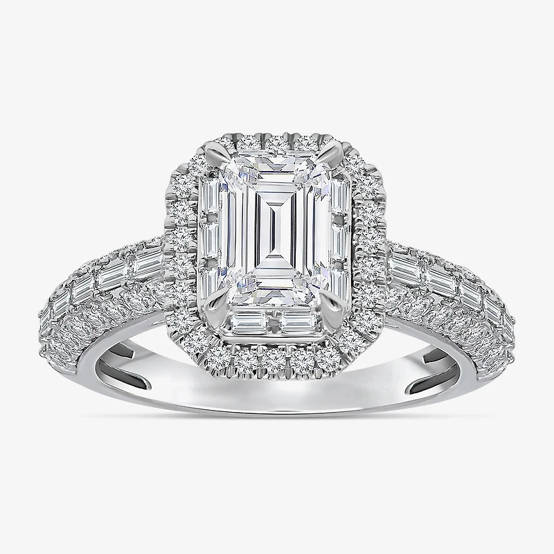 (I / I1) Womens 2 CT. T.W. Lab Grown White Diamond 10K Gold Side Stone Halo Engagement Ring