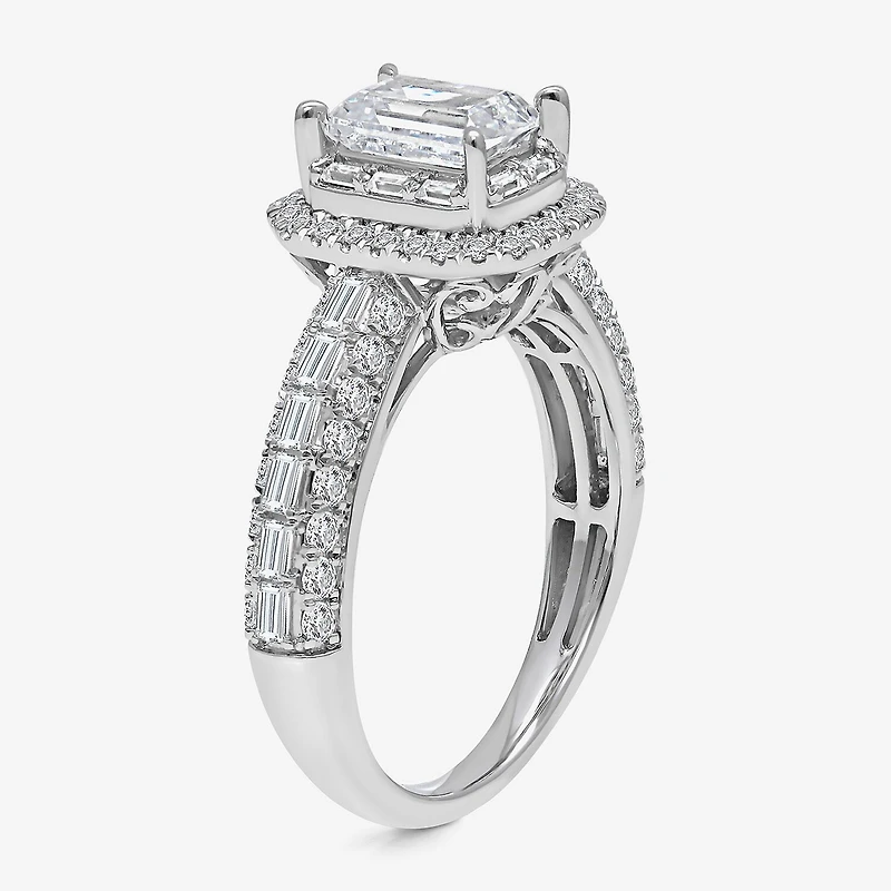 (I / I1) Womens 2 CT. T.W. Lab Grown White Diamond 10K Gold Side Stone Halo Engagement Ring