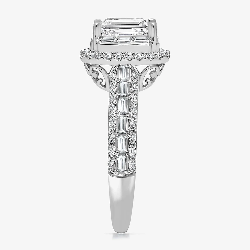 (I / I1) Womens 2 CT. T.W. Lab Grown White Diamond 10K Gold Side Stone Halo Engagement Ring