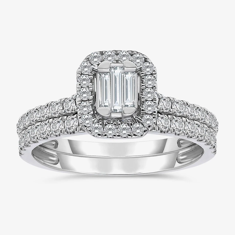 (I / I1) Womens 1 CT. T.W. Lab Grown White Diamond 10K Gold Side Stone Halo Engagement Ring