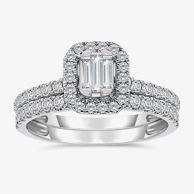 (I / I1) Womens 1 CT. T.W. Lab Grown White Diamond 10K Gold Side Stone Halo Engagement Ring