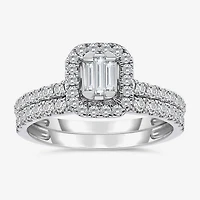 (I / I1) Womens 1 CT. T.W. Lab Grown White Diamond 10K Gold Side Stone Halo Engagement Ring