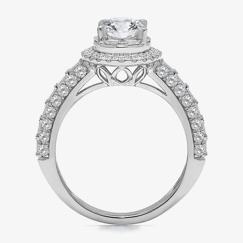 (I / I1) Womens 2 CT. T.W. Lab Grown White Diamond 10K Gold Oval Side Stone Halo Engagement Ring