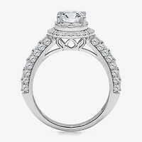 (I / I1) Womens 2 CT. T.W. Lab Grown White Diamond 10K Gold Oval Side Stone Halo Engagement Ring