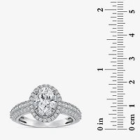(I / I1) Womens 2 CT. T.W. Lab Grown White Diamond 10K Gold Oval Side Stone Halo Engagement Ring