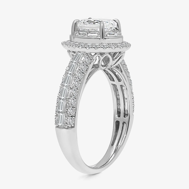 (I / I1) Womens 2 CT. T.W. Lab Grown White Diamond 10K Gold Oval Side Stone Halo Engagement Ring