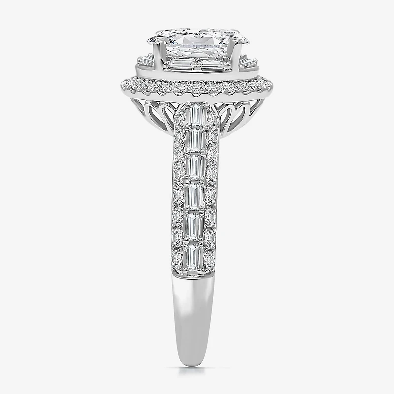 (I / I1) Womens 2 CT. T.W. Lab Grown White Diamond 10K Gold Oval Side Stone Halo Engagement Ring