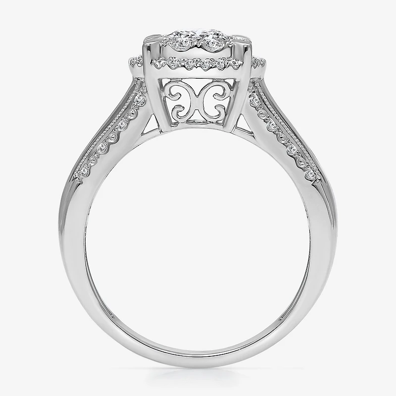 I / I1) Womens CT. T.W. Lab Grown White Diamond 10K Gold Round Side Stone Halo Engagement Ring