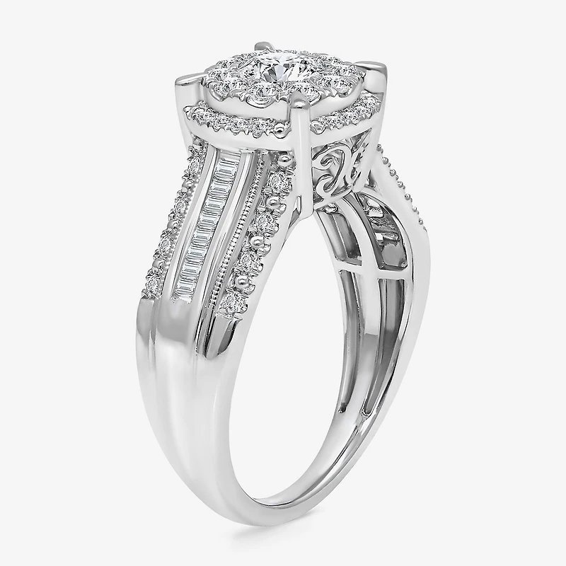 I / I1) Womens CT. T.W. Lab Grown White Diamond 10K Gold Round Side Stone Halo Engagement Ring