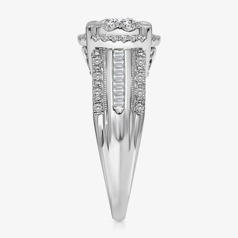 I / I1) Womens CT. T.W. Lab Grown White Diamond 10K Gold Round Side Stone Halo Engagement Ring