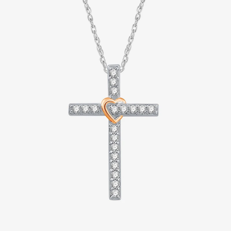 Womens 1/4 CT. T.W. Lab Grown White Diamond 14K Rose Gold Over Silver Sterling Silver Cross 18 Inch Pendant Necklace