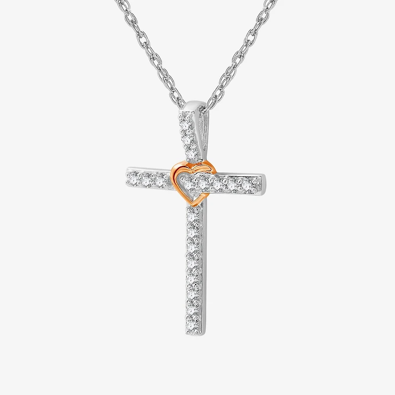 Womens 1/4 CT. T.W. Lab Grown White Diamond 14K Rose Gold Over Silver Sterling Silver Cross 18 Inch Pendant Necklace