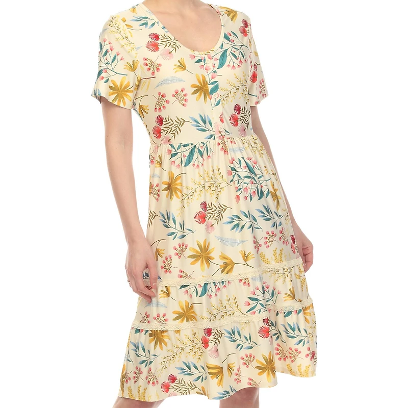 White Mark Womens Scoop Neck Short Sleeve Fitted Floral Fit + Flare Dress