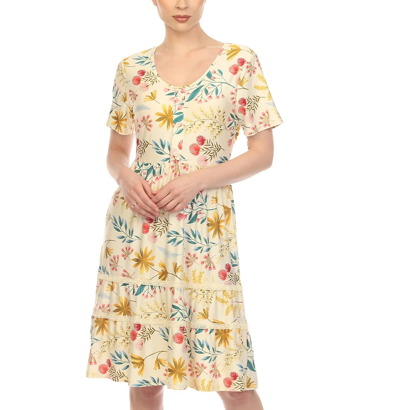 White Mark Womens Scoop Neck Short Sleeve Fitted Floral Fit + Flare Dress