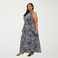 London Times Womens Plus Round Neck Sleeveless Maxi Dress