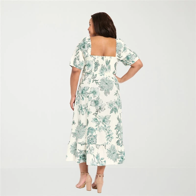 London Times Womens Plus Midi Square Neck Short Sleeve Puffed Floral Fit + Flare Dress