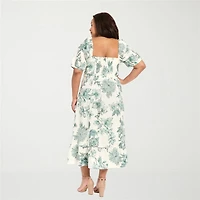 London Times Womens Plus Midi Square Neck Short Sleeve Puffed Floral Fit + Flare Dress