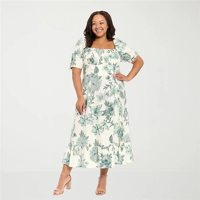 London Times Womens Plus Midi Square Neck Short Sleeve Puffed Floral Fit + Flare Dress